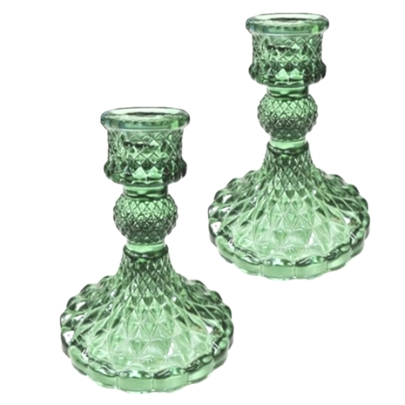 Pair Candy Pink Faceted Glass Candlesticks 2 Crystal Candle Holders Set Vintage - Picture 9 of 10